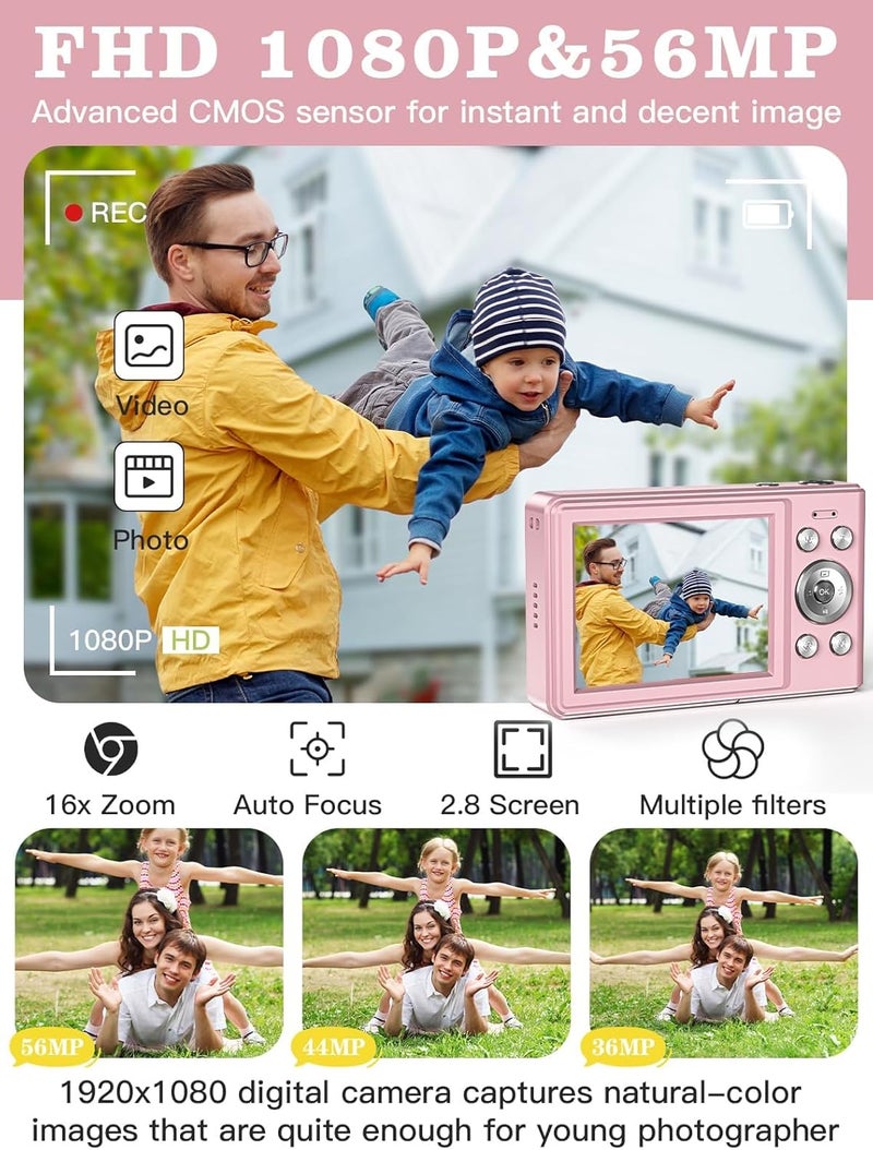 Fleafer Upgrade Kids Digital Camera - 56MP FHD 1080P with 16x Zoom, Anti-Shake, 32GB TF Card, Two Batteries, Lanyard - Compact Small Camera for Kids (Pink) - Image 2